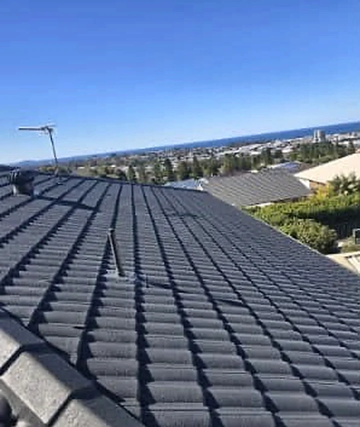 A tiled roof after painting, the tiles an even charcoal grey