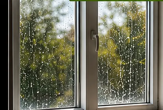 Window glass before cleaning, covered in water spots and grime